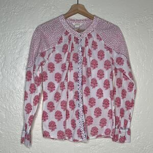 Sundance Rosalie Block Print Floral Blouse Boho Hippie Women Pink Small